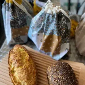 Sac à pain réversible en tissu Patchwork bleu - Sacasalades by Arminé